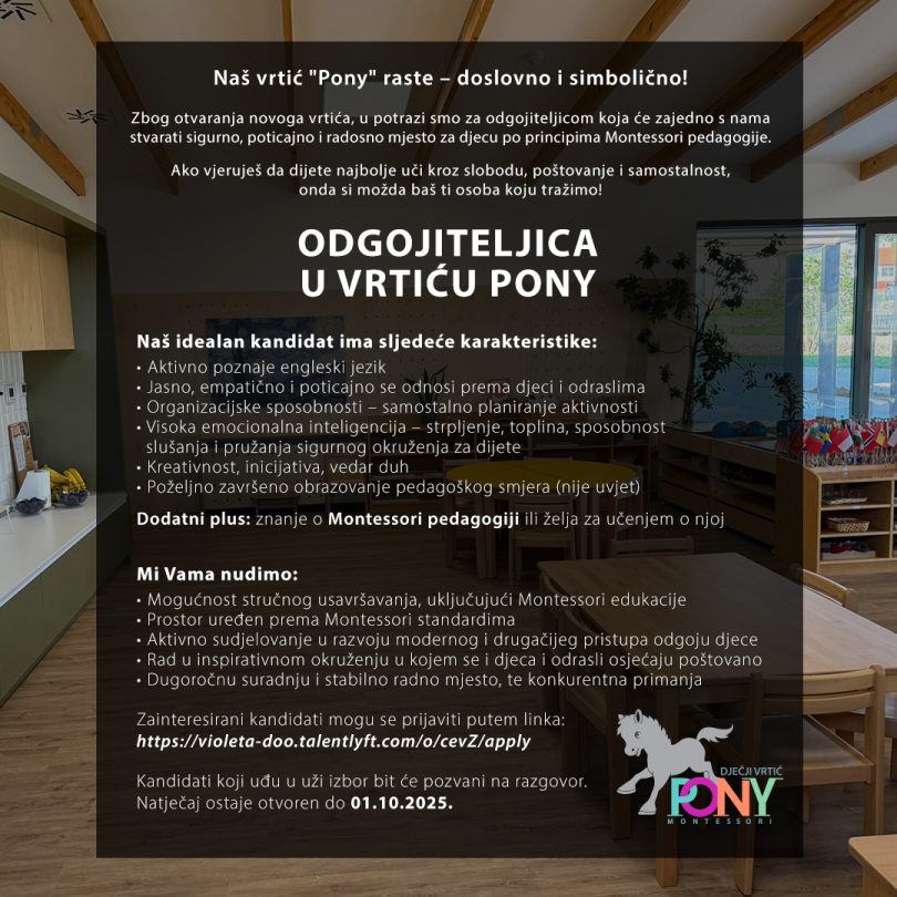Obavijest vrtića Pony o zapošljavanju nove odgojiteljice s prikazom interijera ustanove