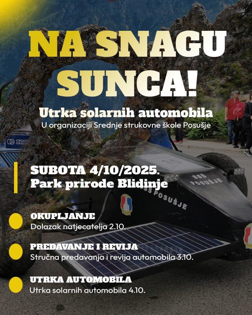 Solarni automobil parkiran u prirodi tijekom utrke na Blidinju