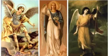 Tri arkanđela prikazana u zlatnim haljinama: Mihael s mačem, Gabriel s ljiljanom i Rafael s žezlom
