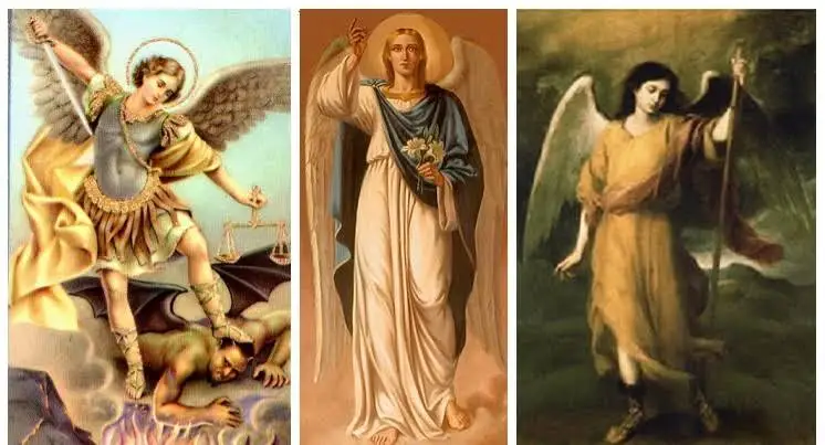 Tri arkanđela prikazana u zlatnim haljinama: Mihael s mačem, Gabriel s ljiljanom i Rafael s žezlom