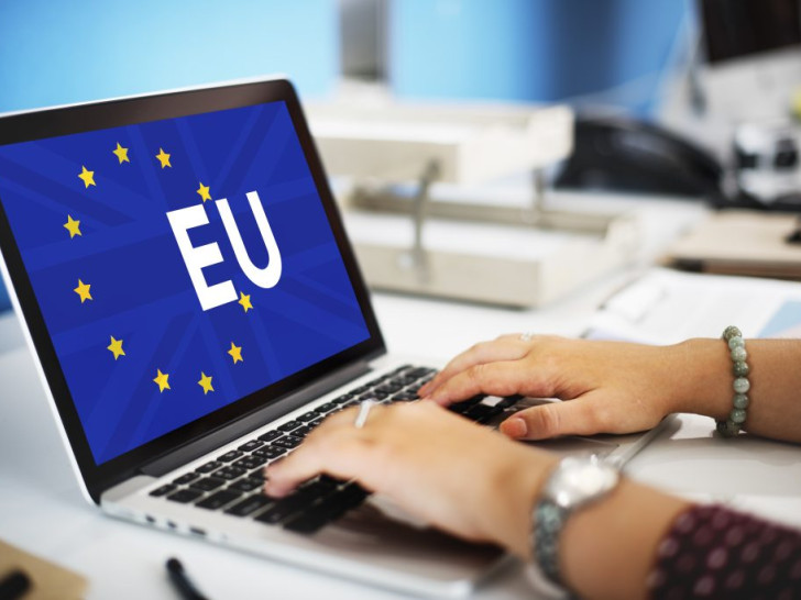 Ruka osobe na laptopt s EU logotipom i tekstom EES na zaslonu