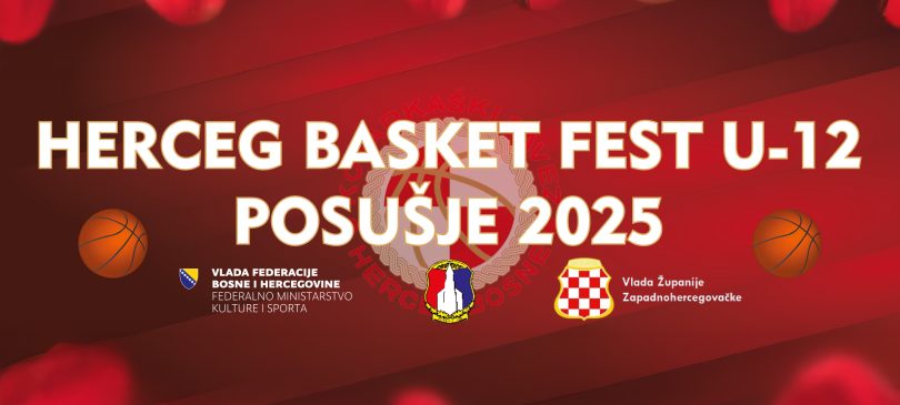 Plakat Herceg Basket Festa U-12 2025 s košarkaškim loptama na crvenoj pozadini