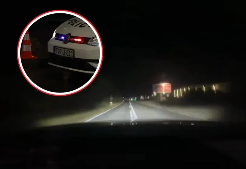 Snimak iz vozila koji prikazuje opasnu vožnju po noći na motornom putu s prikazom brzomjera u uvećanom prikazu
