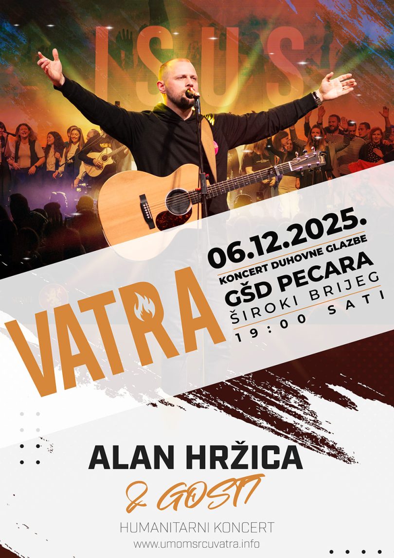 Glazbenik s gitarom na pozornici tijekom humanitarnog koncerta, pozadina s logom Vatra