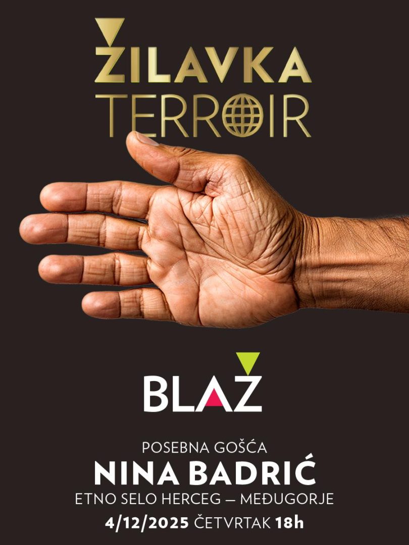 Otvorena dlan muške ruke na tamnoj pozadini, promotivni poster za događaj Žilavka Terroir