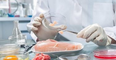 Laborant u zaštitnim rukavicama provjerava uzorak mesa u laboratoriju