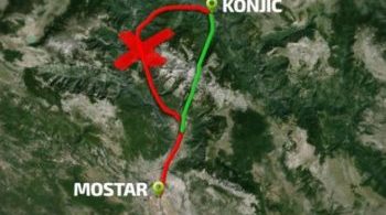 Satelitska karta s označenom rutom tunela Prenj od Mostara do Sarajeva