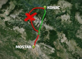 Satelitska karta s označenom rutom tunela Prenj od Mostara do Sarajeva