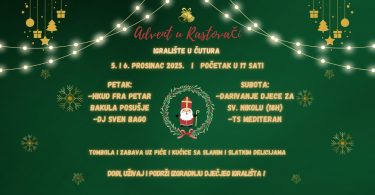 Zeleni plakat s božičnim ukrasom, svjetlima i detaljima programa Adventa u Rastovači