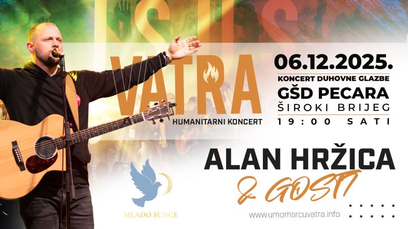 Alan Hržica s gitarom na pozornici, najava koncerta VATRA 6. decembra 2025.