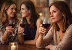 Tri žene piju vino i razgovaraju za stolom