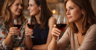 Tri žene piju vino i razgovaraju za stolom