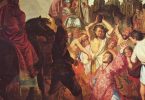 Stara religiozna slika prikazuje grupu ljudi oko figure u sredini, sa zlatnim detaljima i crvenim tkaninama