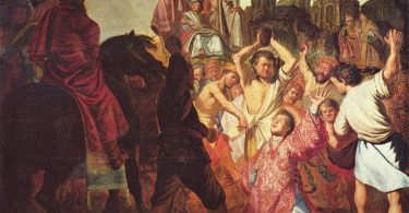 Stara religiozna slika prikazuje grupu ljudi oko figure u sredini, sa zlatnim detaljima i crvenim tkaninama