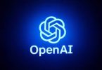 OpenAI logotip sa svijetlucavim plavim neon efektom na tamnoj pozadini