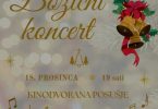 Plakat za božični koncert s crvenim božićnim ukrasima i tekstom o koncertu