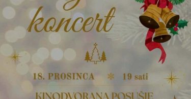 Plakat za božični koncert s crvenim božićnim ukrasima i tekstom o koncertu