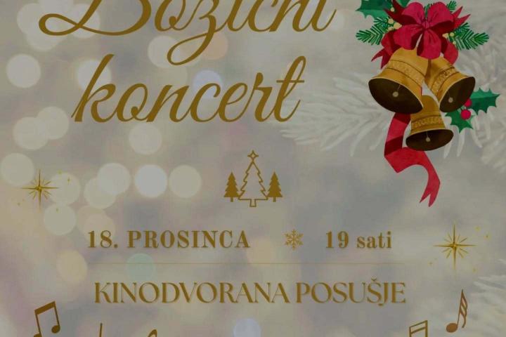 Plakat za božični koncert s crvenim božićnim ukrasima i tekstom o koncertu