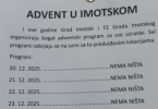 Plakat adventskog programa u Imotskom s datumima događaja i tekstom 'Nema ništa'
