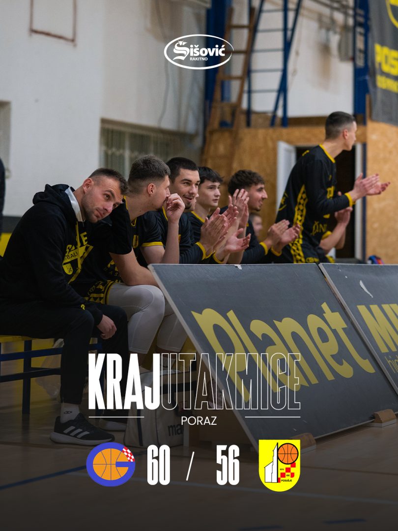 Košarkaši HŠK Posušja u crno-žutim dresovima tijekom utakmice, sjedeći na klupskoj klupi