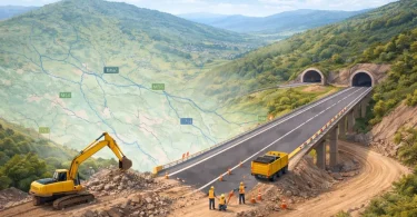 Gradilište brze ceste s bagrom i betonskim tunelom u planinama