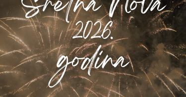 Zlatne vatrometne rakete na crnoj pozadini sa tekstom 'Sretna Nova 2026. godina'