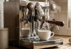 Profesionalni espresso aparat s šalicom i zrnima kave na drvenom stolu