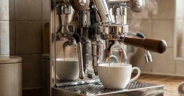 Profesionalni espresso aparat s šalicom i zrnima kave na drvenom stolu