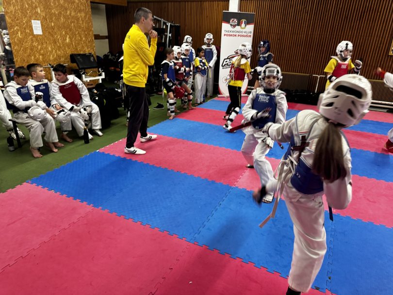 Mladi taekwondaši treniraju na crveno-plavoj tatami tijekom zimskog kampa.