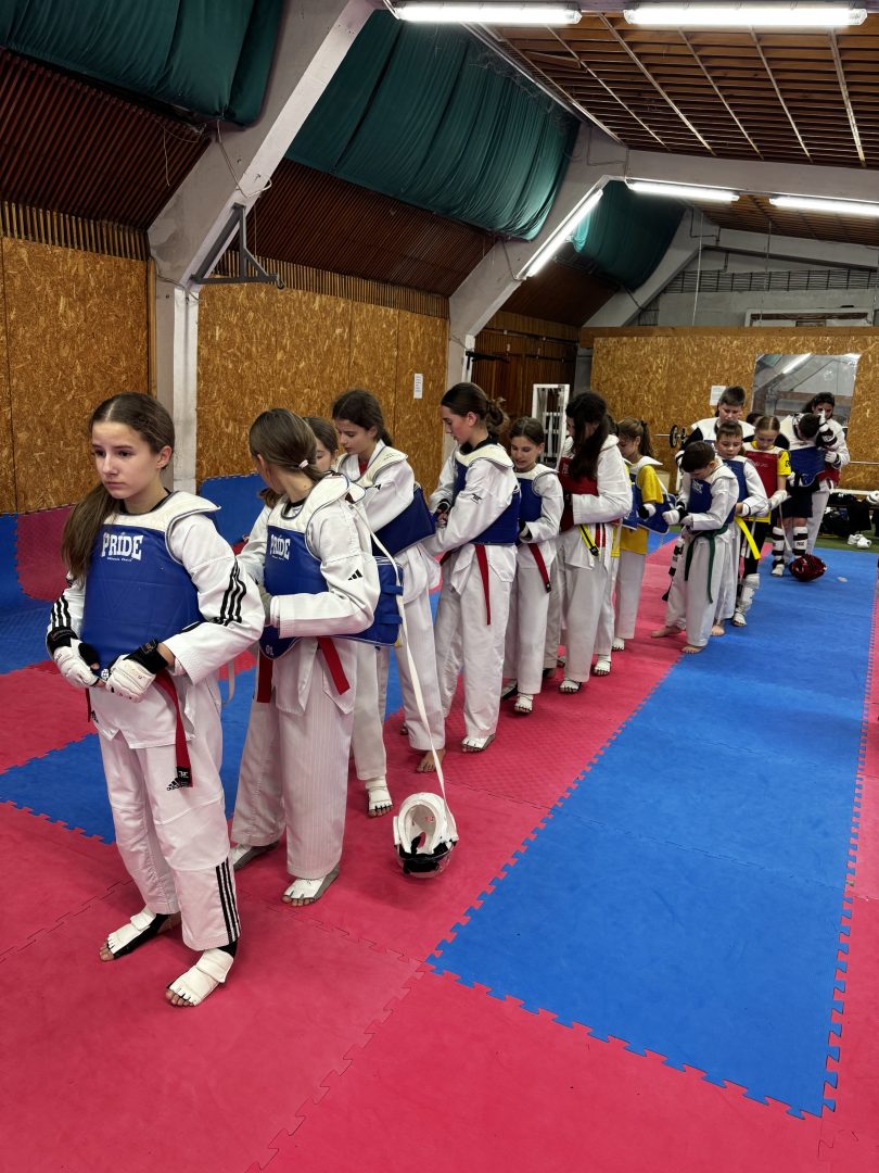 Grupa mladih taekwondo sportaša u uniformama stoji u redu na crvenoj i plavoj tatami tijekom zimskog kampa