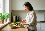 Žena nožem seče povrće na dasci - rajčica, paprika i druga zdrava hrana