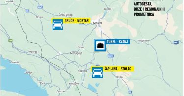 Karta Hercegovine s označenim cestovnim projektima i lokalitetima