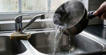 Osoba sipa kipuću vodu iz lonca u metalnu sudoper