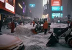 Snježna oluja u New Yorku s gužvom vozila i pješaka na ulici pokrivene snijegom