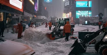 Snježna oluja u New Yorku s gužvom vozila i pješaka na ulici pokrivene snijegom