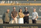Pet članova benda Emanuel pozira pred kamerom, naslov najave koncerata.