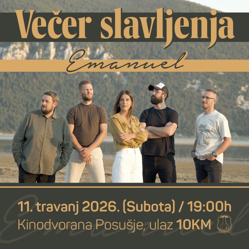 Pet članova benda Emanuel pozira pred kamerom, naslov najave koncerata.