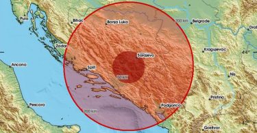 Karta Hercegovine s označenim epicentrom potresa i radijusom zahvaćenog područja