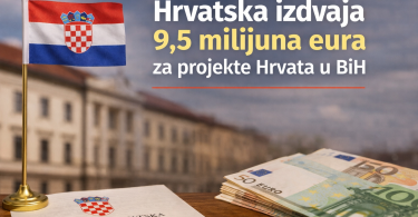 Hrvatska zastava, novčanice eura i dokument s grbom Republike Hrvatske