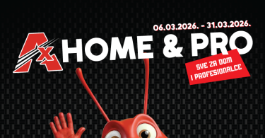 Crveni animirani lik s velikim očima i podignutom rukom, promocija AX Home & Pro kataloga