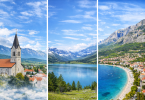 Tri panoramske slike: alpska crkva u planinama, planinsko jezero i jadranska obala s plažom
