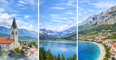 Tri panoramske slike: alpska crkva u planinama, planinsko jezero i jadranska obala s plažom
