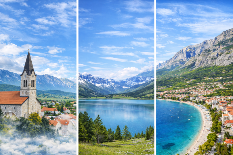 Tri panoramske slike: alpska crkva u planinama, planinsko jezero i jadranska obala s plažom