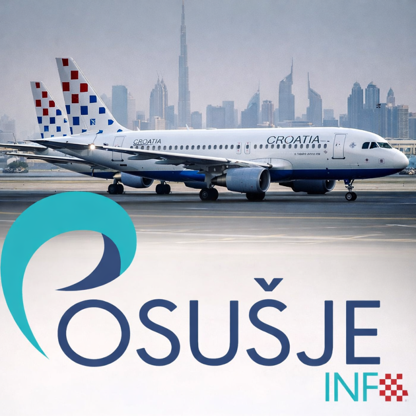 Croatia Airlines Airbus A320 avion na pisti s Dubajem u pozadini
