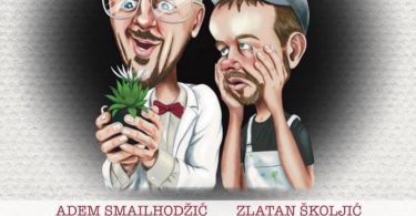Plakatna slika za komediju Ko je lud s karikaturaima dvaju muškaraca, Rezije Mirze Bidovića