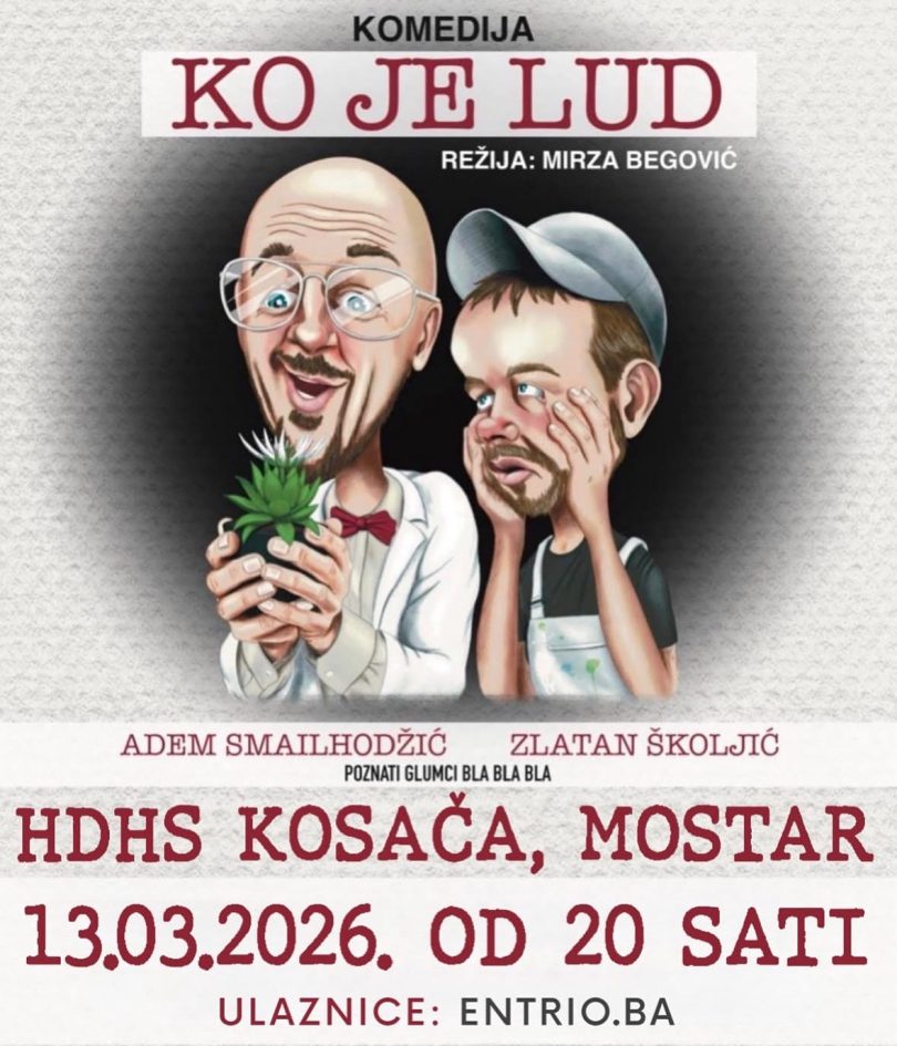 Plakatna slika za komediju Ko je lud s karikaturaima dvaju muškaraca, Rezije Mirze Bidovića