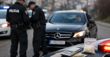 Policajci tijekom prometne kontrole vozila na cesti, s pronađenim heroinom prikazanim u prvom planu