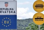 Znak hrvatske granice s natpisom Republika Hrvatska, EU zastavom i znakovima停止 i Policija