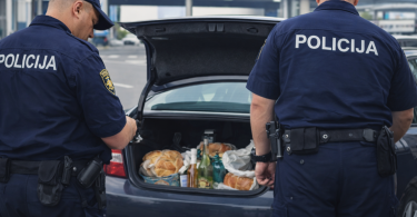 Policajci otvaraju prtljažnik automobila tijekom granične kontrole i provjere dozvoljenih namirnica