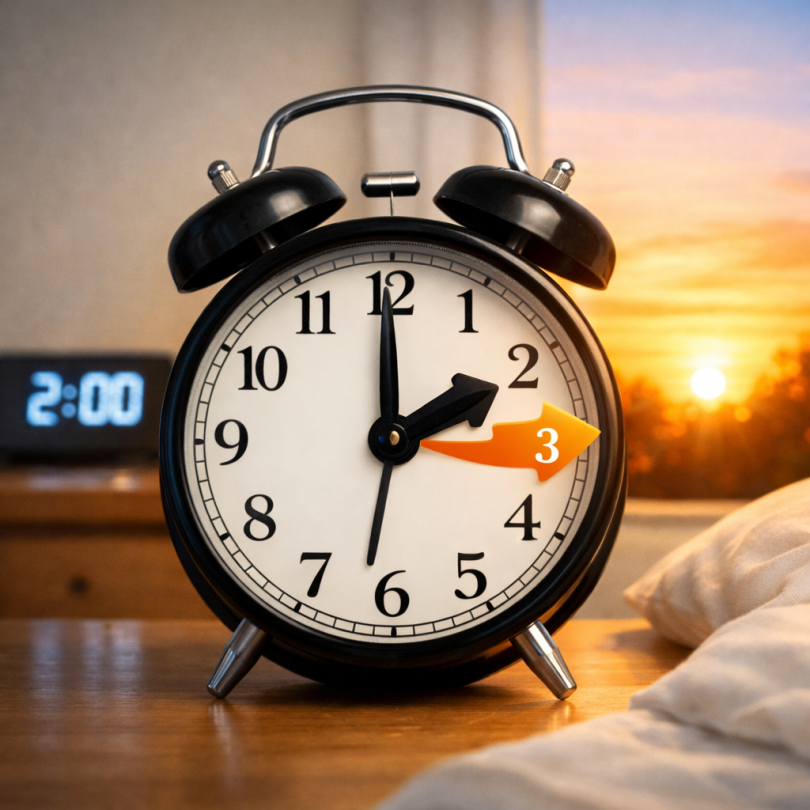 Budilnik pokazuje 3 sata ujutro sa suncem na pozadini, simbolizirajući pomicanje sata